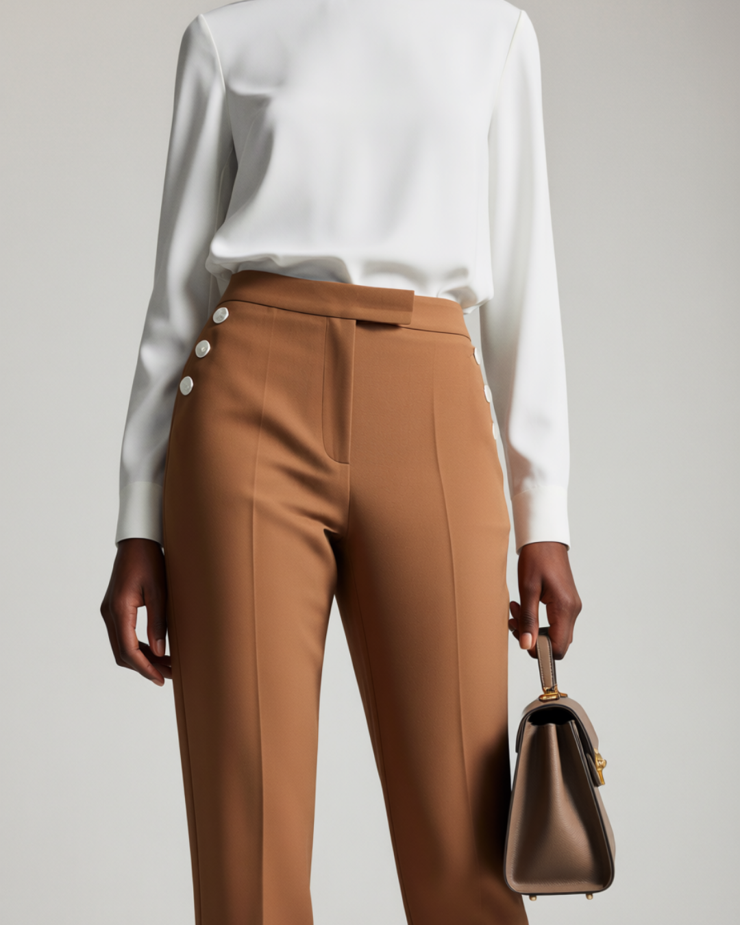 Women's High-Waisted Tailored Trousers – Elegant Button Detail Pants