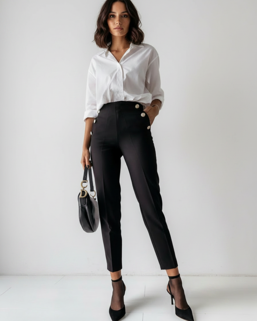 Women's High-Waisted Tailored Trousers – Elegant Button Detail Pants