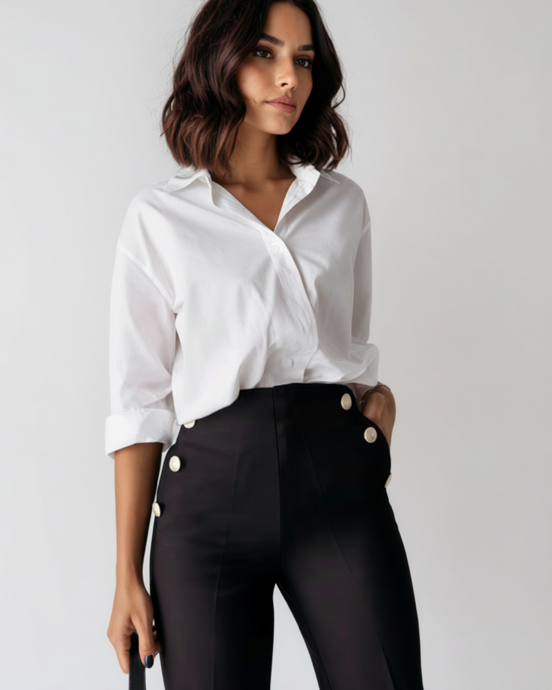 Women's High-Waisted Tailored Trousers – Elegant Button Detail Pants