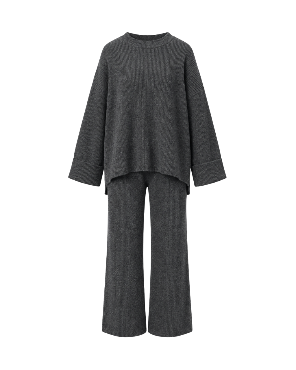 Women's Polyester Knit Two-Piece Set – Relaxed Sweater & Trouser Outfit