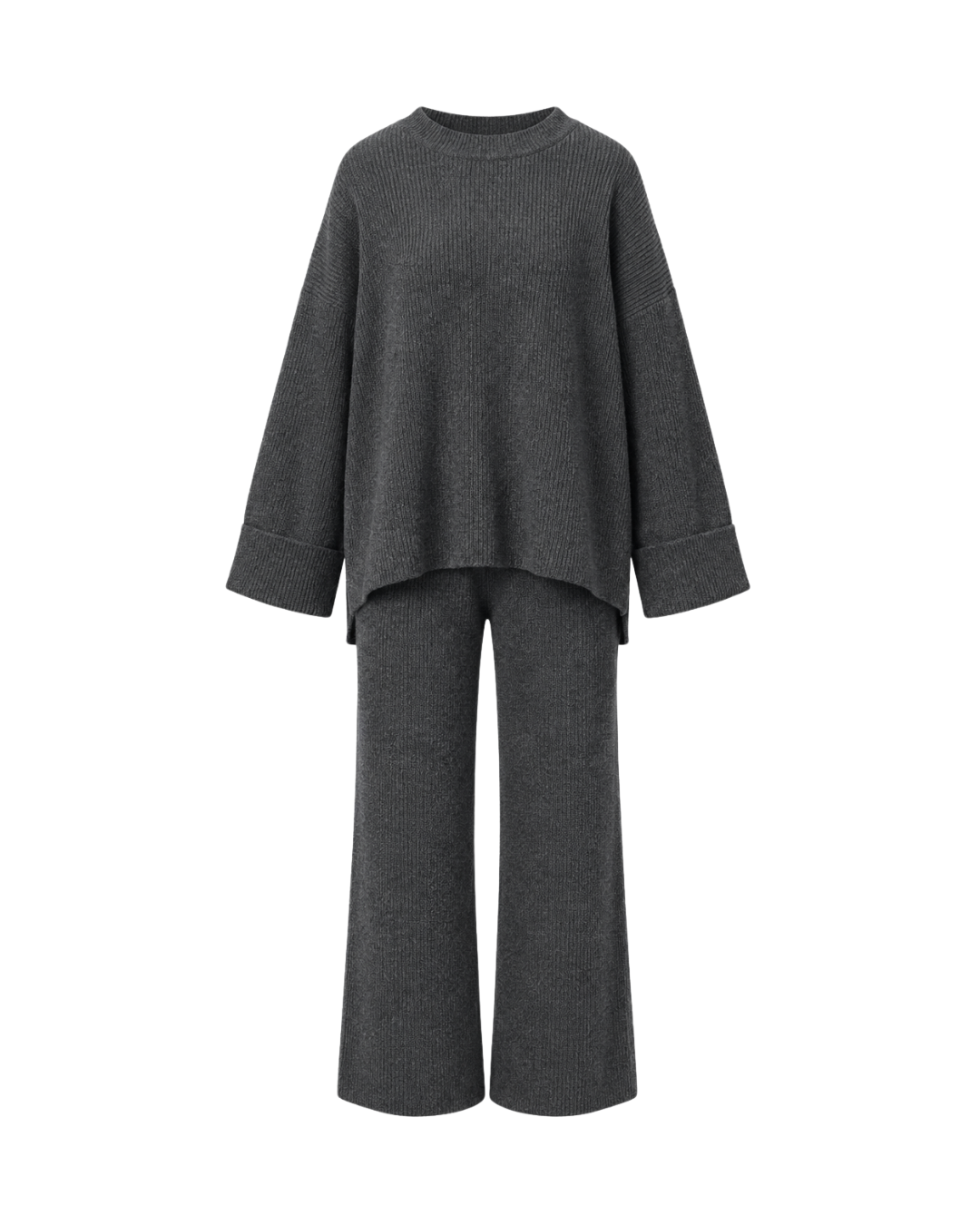 Women's Polyester Knit Two-Piece Set – Relaxed Sweater & Trouser Outfit