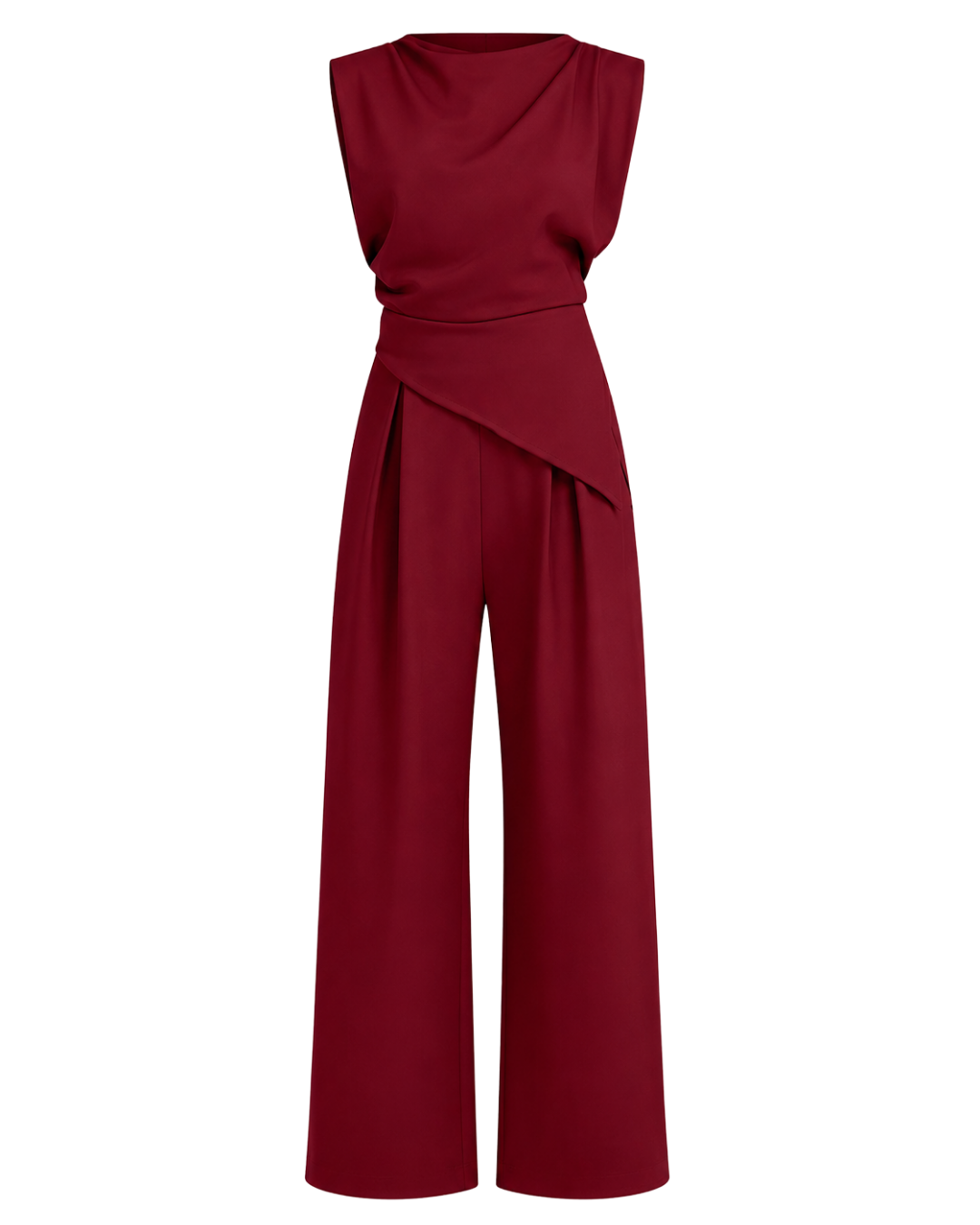 Women's Sleeveless Draped Top & Wide Leg Pants Set – Elegant Polyester Two-Piece Outfit