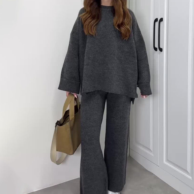 Women's Polyester Knit Two-Piece Set – Relaxed Sweater & Trouser Outfit