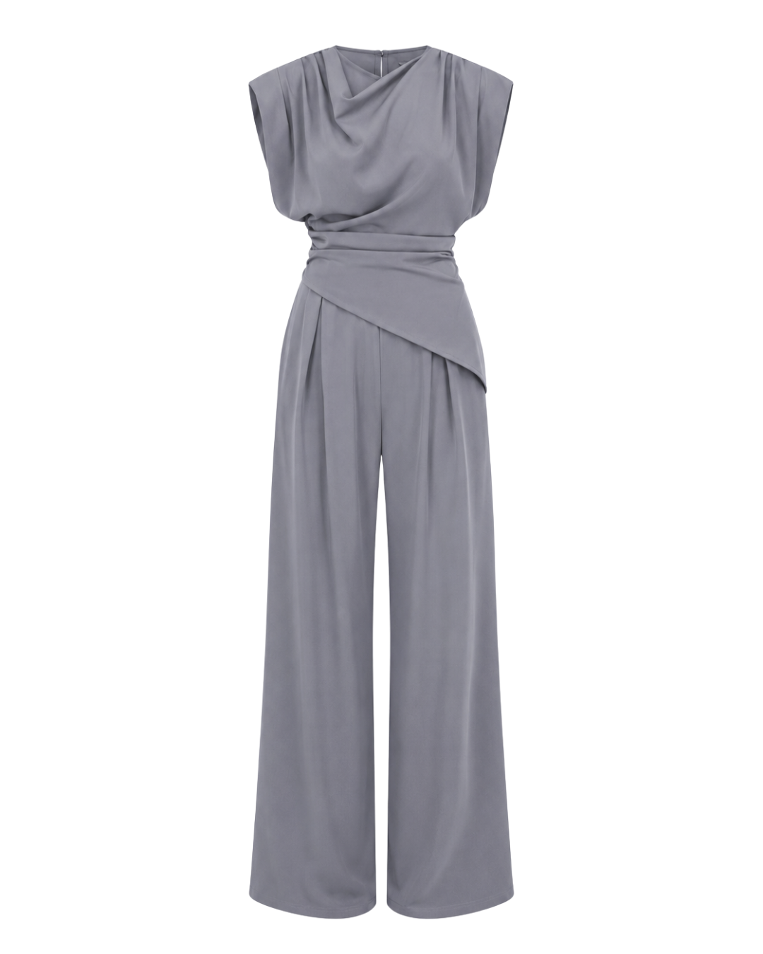 Women's Sleeveless Draped Top & Wide Leg Pants Set – Elegant Polyester Two-Piece Outfit