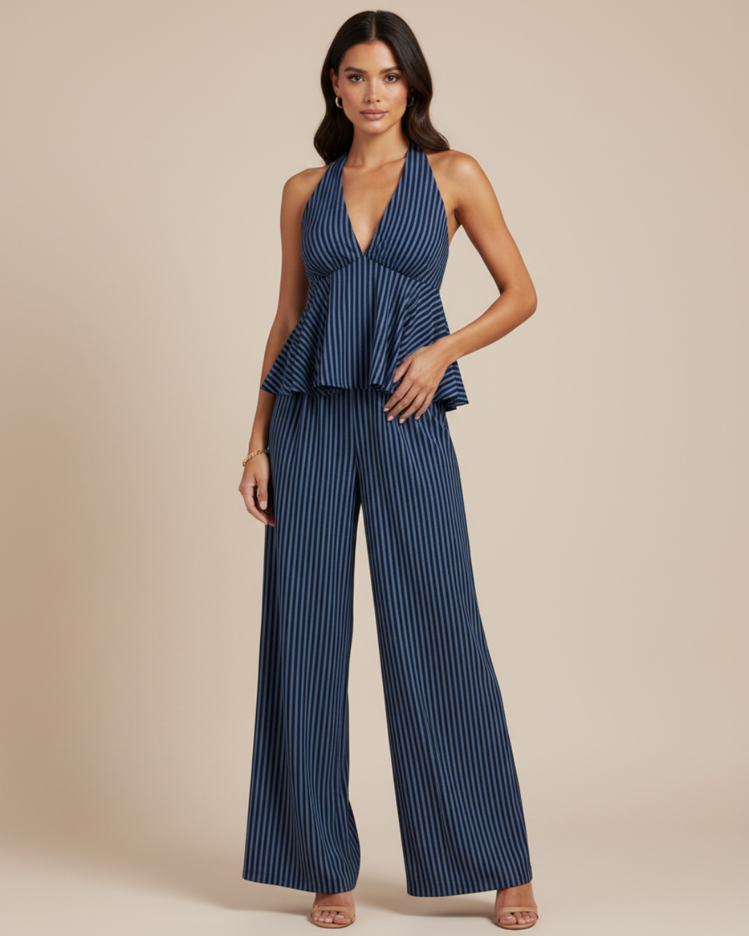 Women's Striped Halter Top & Wide Leg Pants Set – Elegant Summer Two-Piece Outfit
