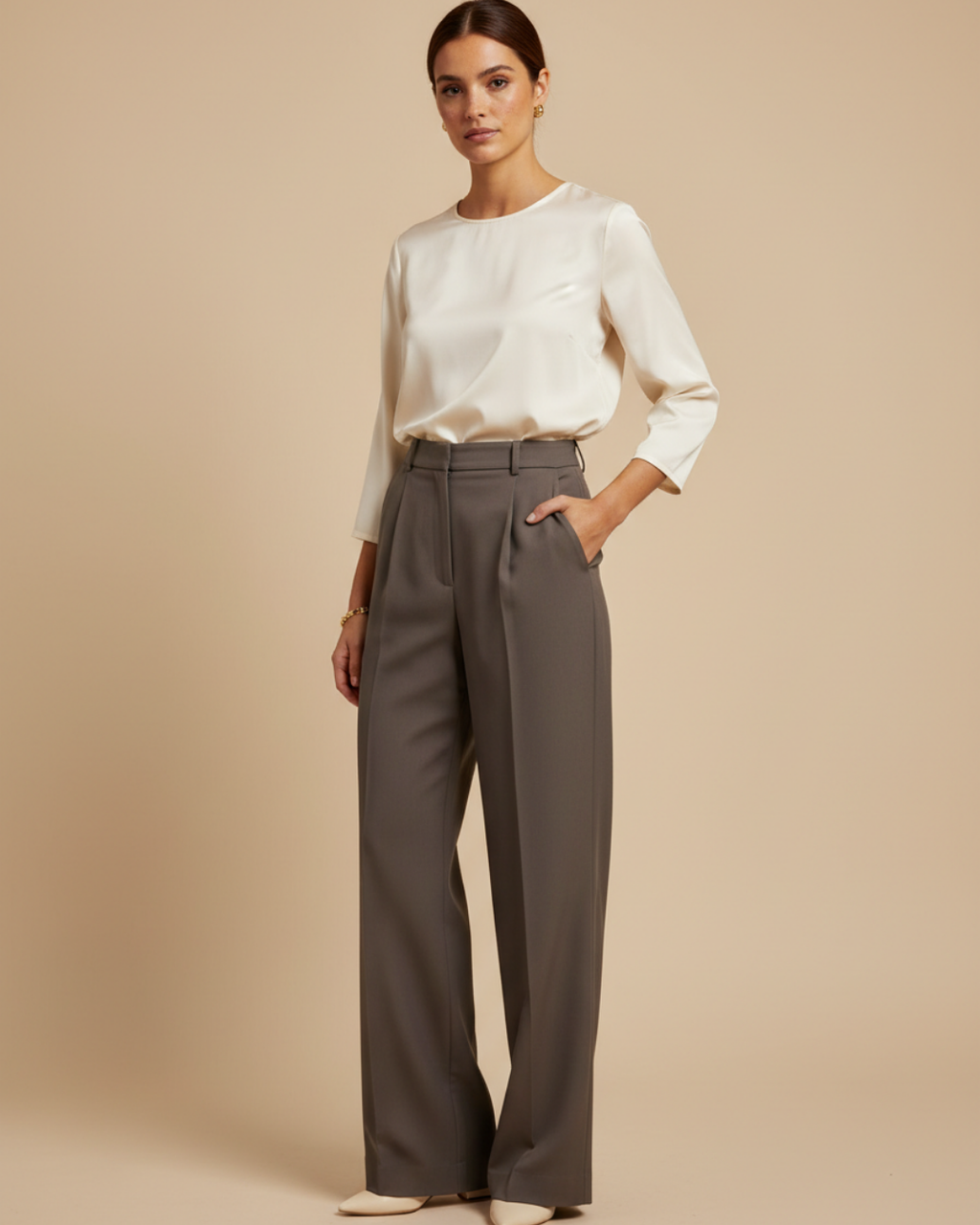 Women's High-Waisted Wide Leg Trousers – Cotton Polyester Blend Pants