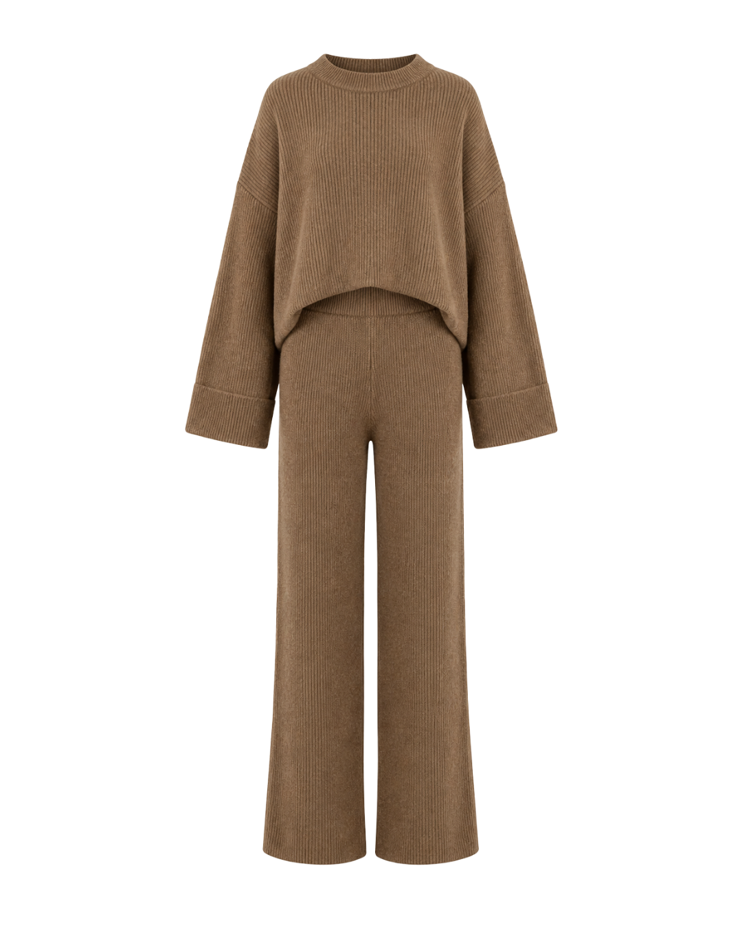 Women's Polyester Knit Two-Piece Set – Relaxed Sweater & Trouser Outfit