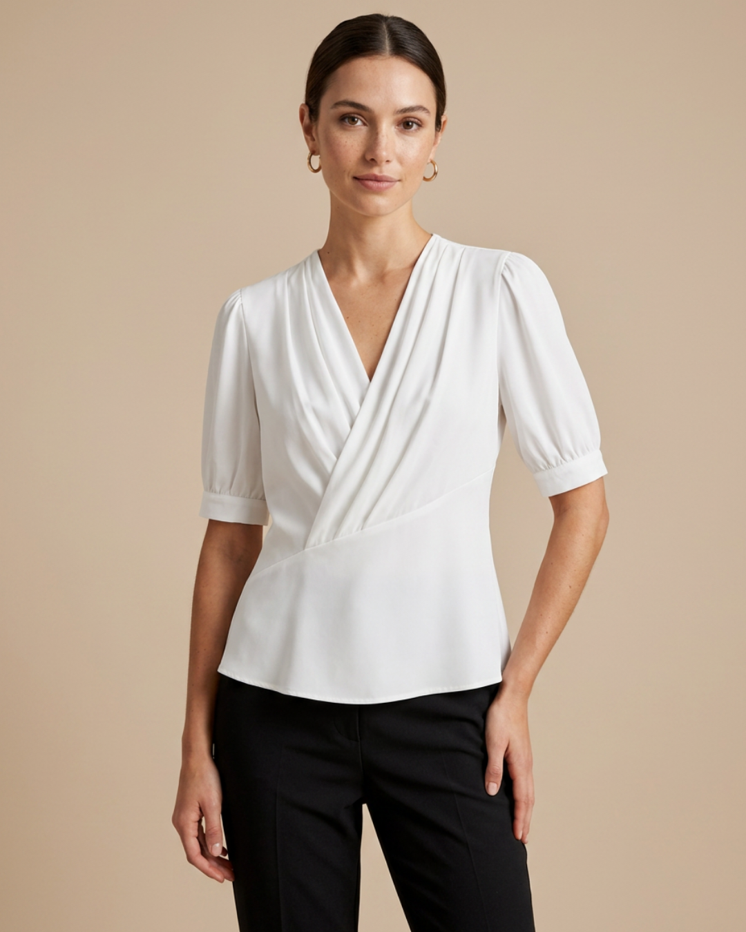 Women's V-Neck Short Sleeve Blouse – Elegant Polyester Shirt Top