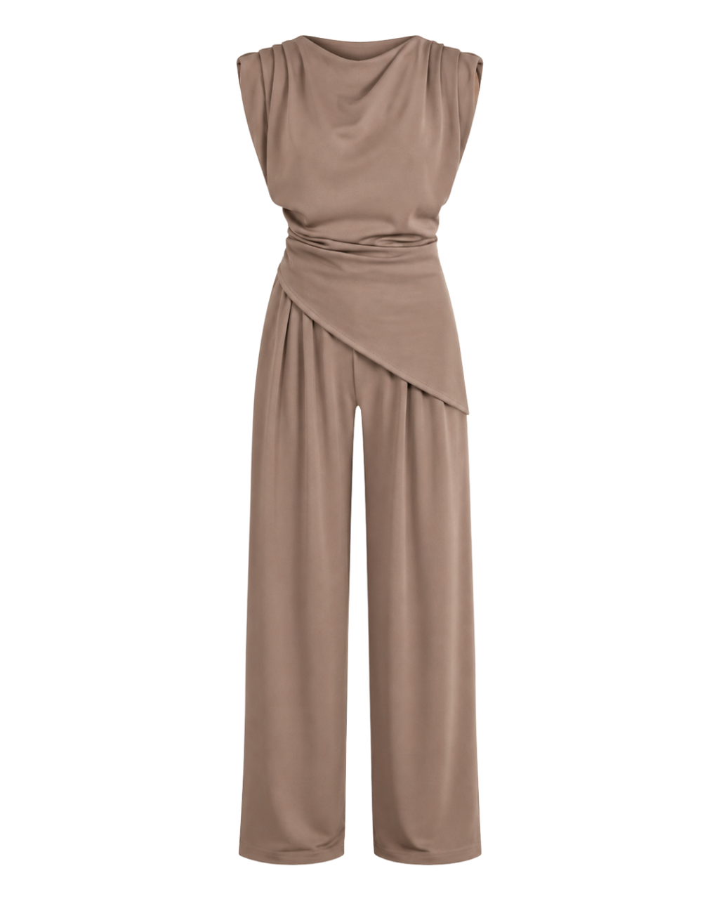 Women's Sleeveless Draped Top & Wide Leg Pants Set – Elegant Polyester Two-Piece Outfit