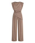 Women's Sleeveless Draped Top & Wide Leg Pants Set – Elegant Polyester Two-Piece Outfit
