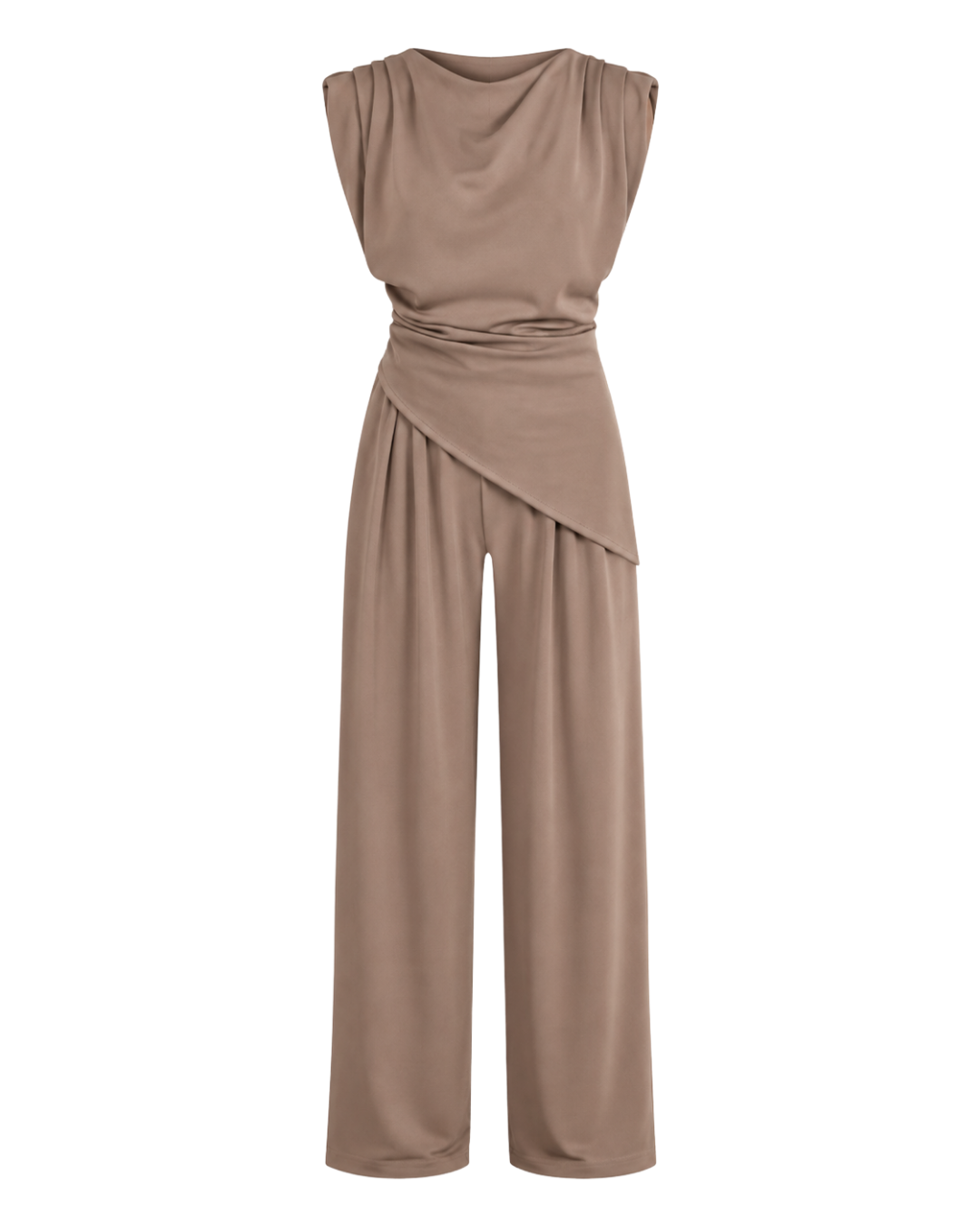 Women's Sleeveless Draped Top & Wide Leg Pants Set – Elegant Polyester Two-Piece Outfit