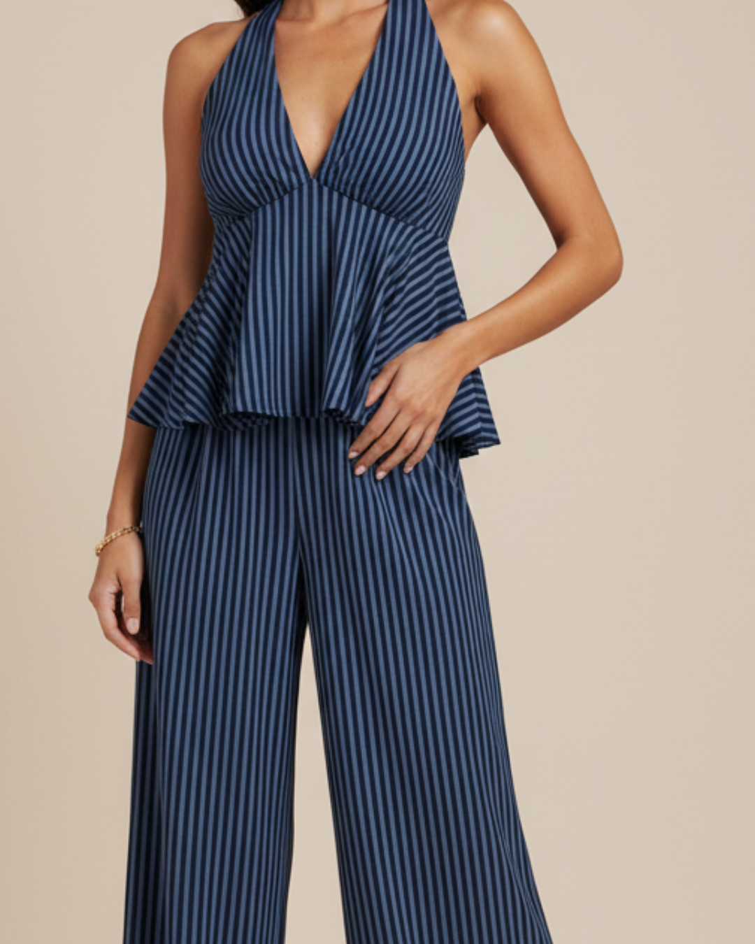 Women's Striped Halter Top & Wide Leg Pants Set – Elegant Summer Two-Piece Outfit