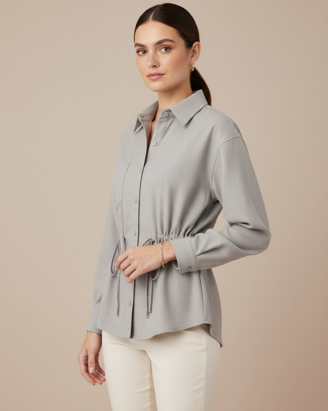 Women's Long Sleeve Button Shirt – Elegant Bow Waist Blouse