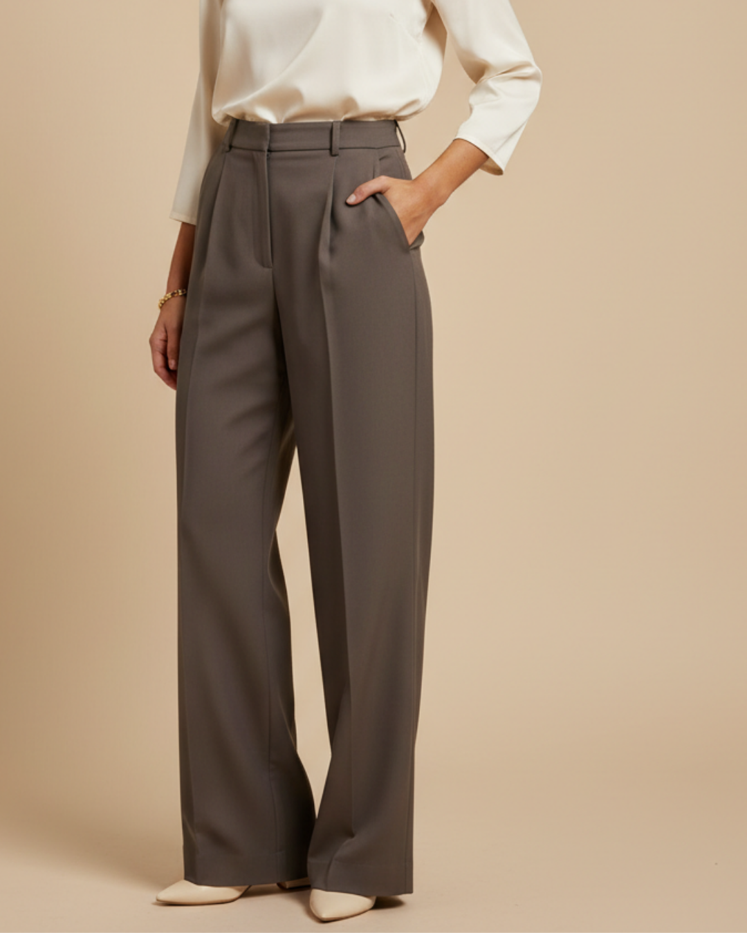 Women's High-Waisted Wide Leg Trousers – Cotton Polyester Blend Pants