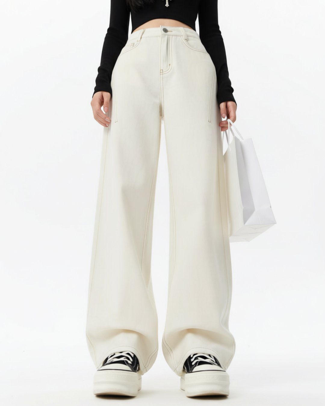 Women's White High-Waisted Wide Leg Jeans – Cotton Denim Trousers