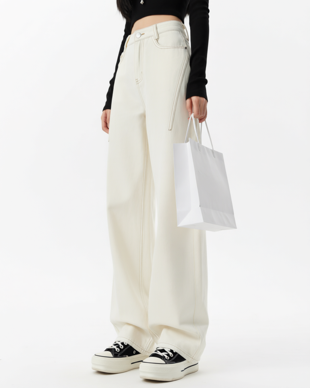 Women's White High-Waisted Wide Leg Jeans – Cotton Denim Trousers