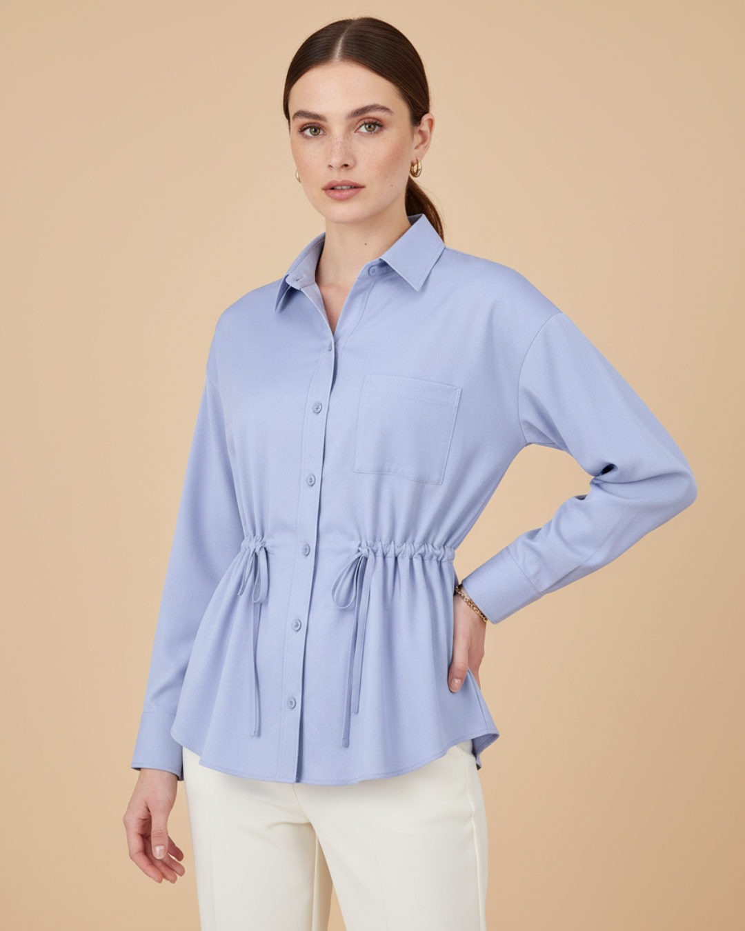 Women's Long Sleeve Button Shirt – Elegant Bow Waist Blouse
