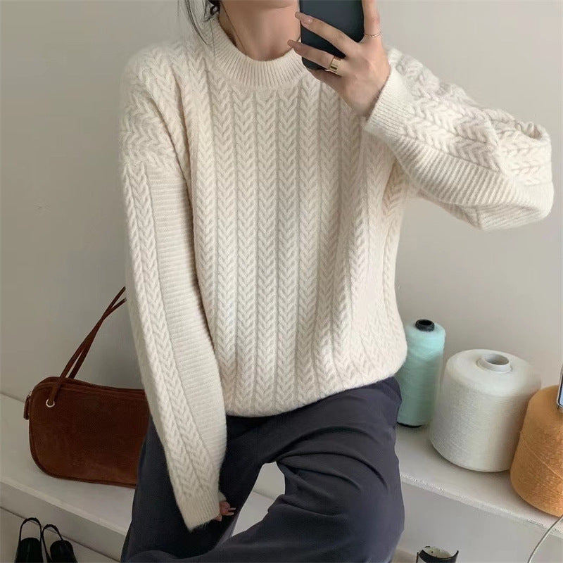 Women's Cable Knit Pullover Sweater – Relaxed Polyester Knit Top