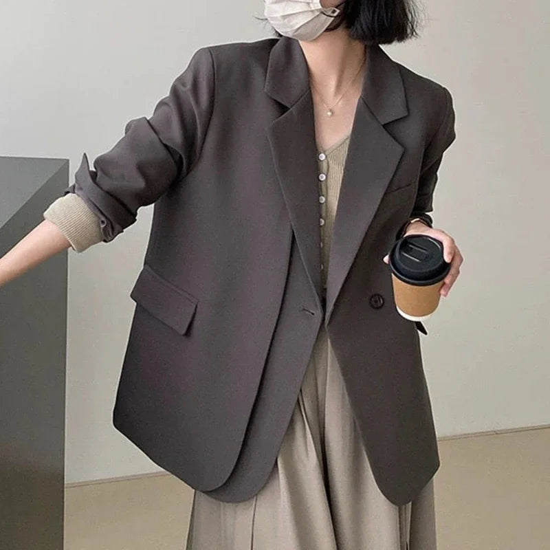 Women's Single-Button Blazer – Elegant Relaxed Fit Office Jacket