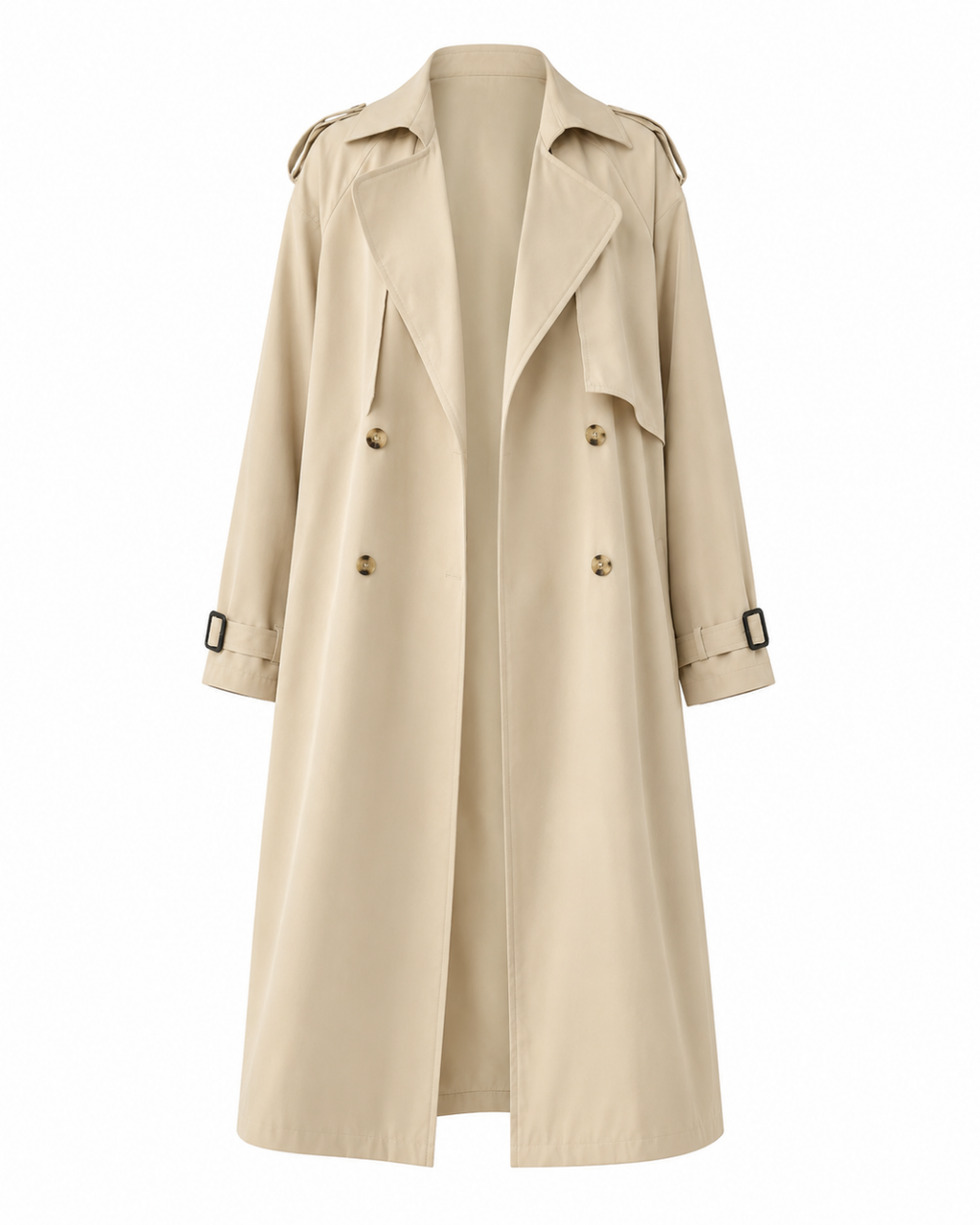 Women's Long Trench Coat – Elegant Polyester Khaki Outerwear