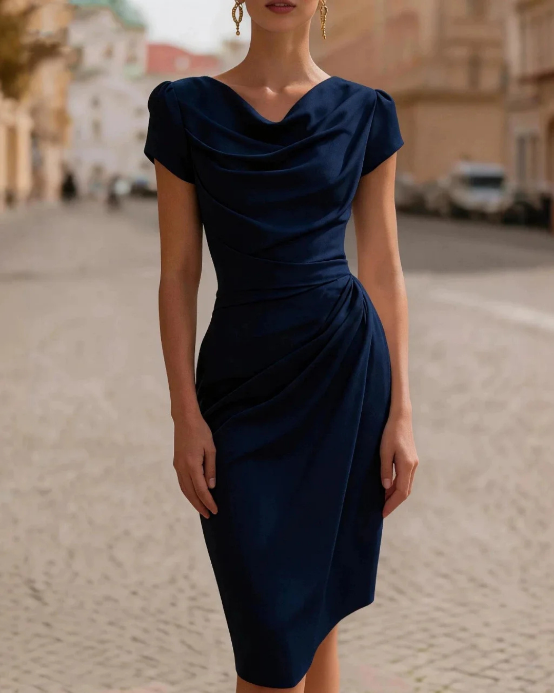 Women's Elegant V-Neck Midi Dress – Slim Fit Short Sleeve Dress