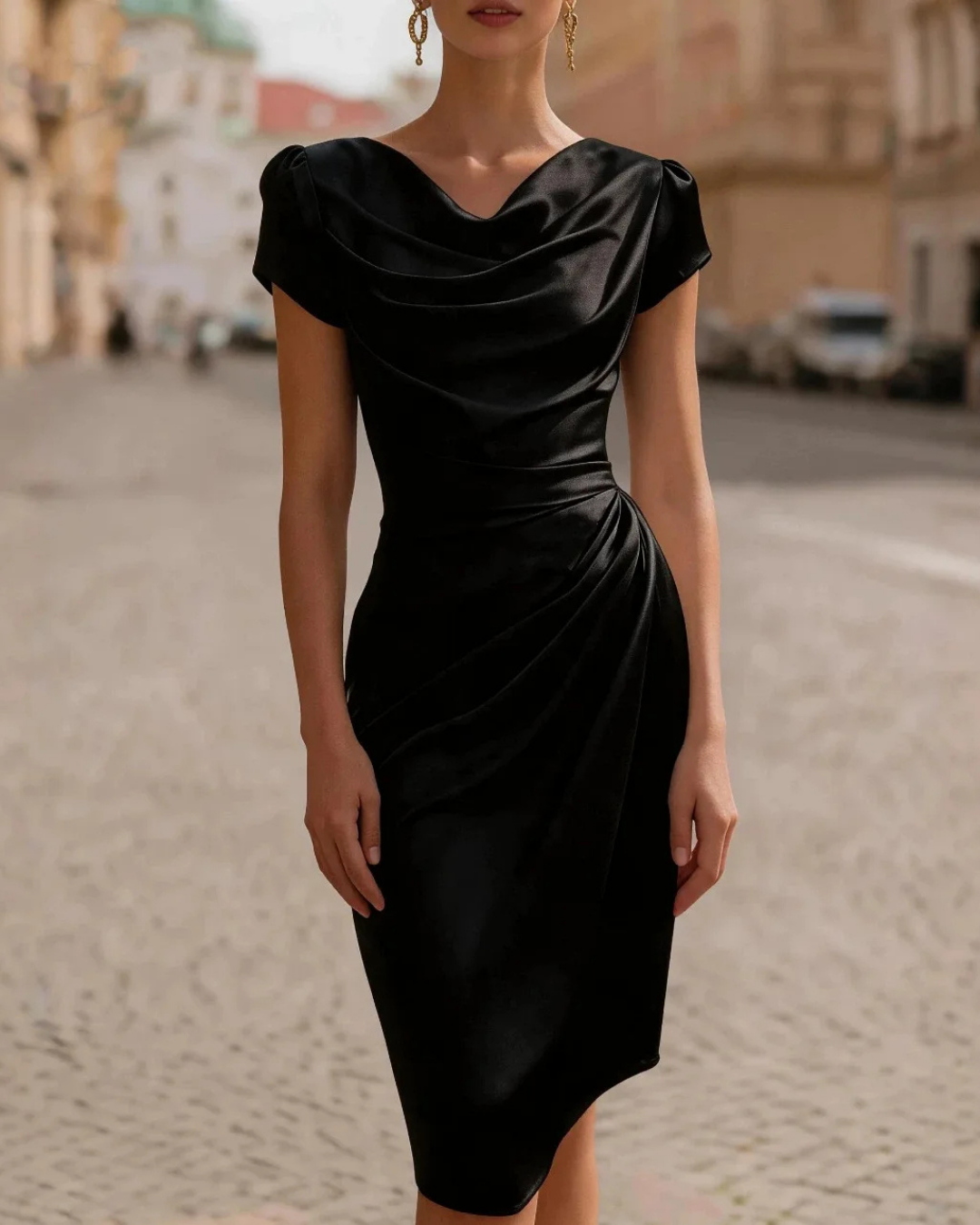 Women's Elegant V-Neck Midi Dress – Slim Fit Short Sleeve Dress