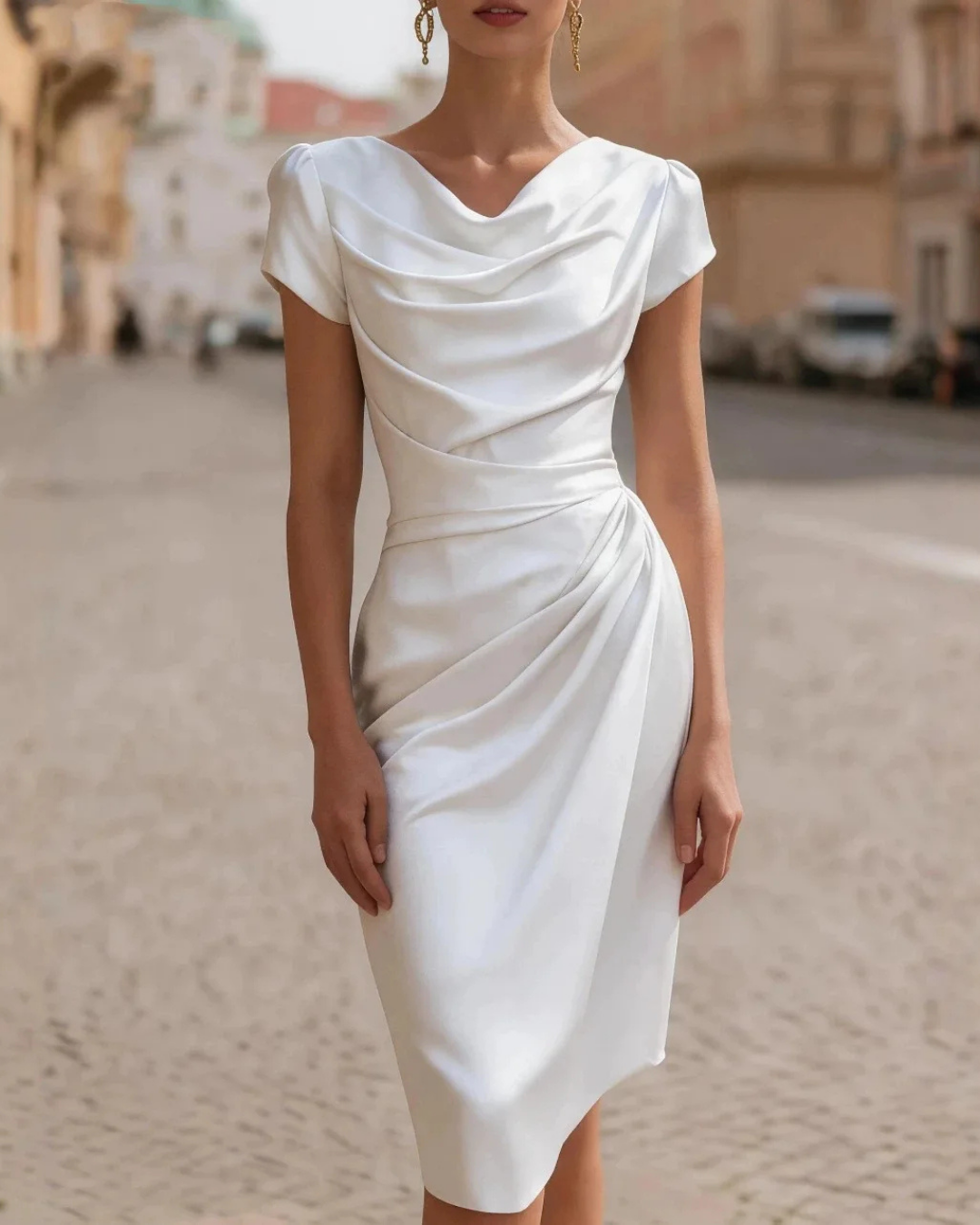 Women's Elegant V-Neck Midi Dress – Slim Fit Short Sleeve Dress