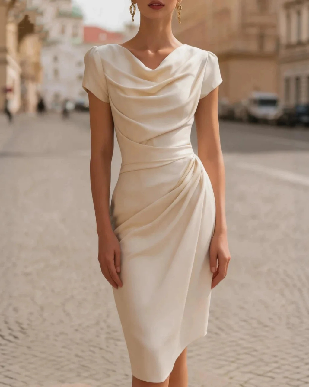 Women's Elegant V-Neck Midi Dress – Slim Fit Short Sleeve Dress