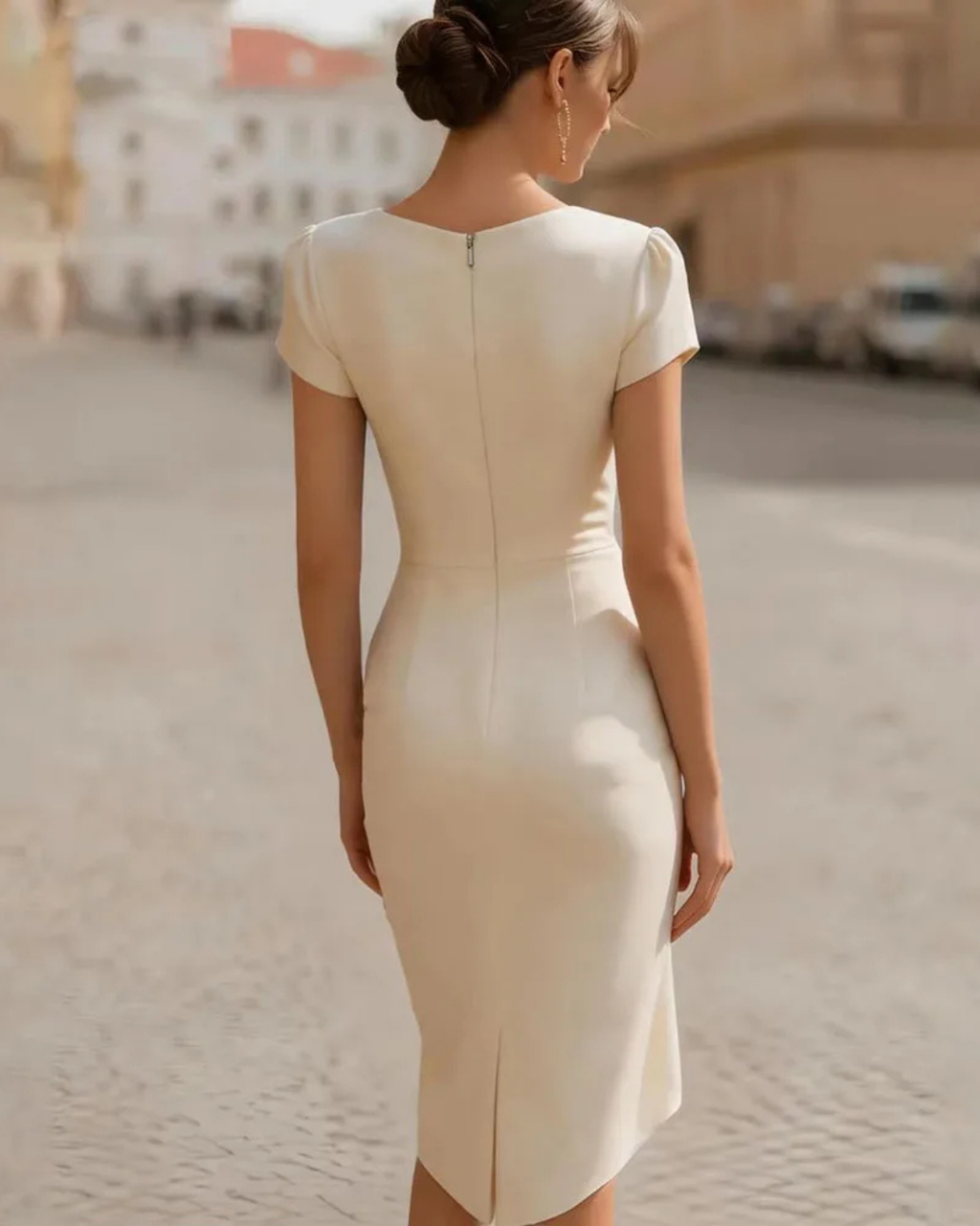 Women's Elegant V-Neck Midi Dress – Slim Fit Short Sleeve Dress