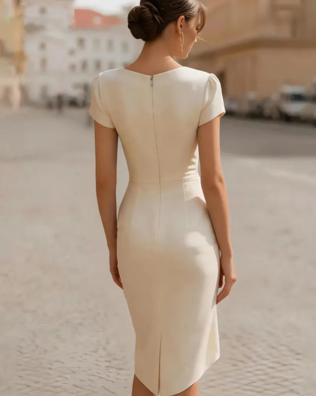 Women's Elegant V-Neck Midi Dress – Slim Fit Short Sleeve Dress